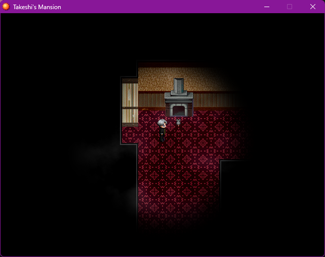 Gameplay of Takeshi's Mansion showing a dark hallway.